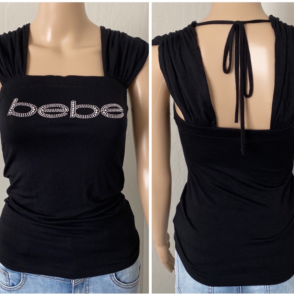 Bebe Wide Strap Cinched Sleeves Rhinestone Logo Top / Tie Back